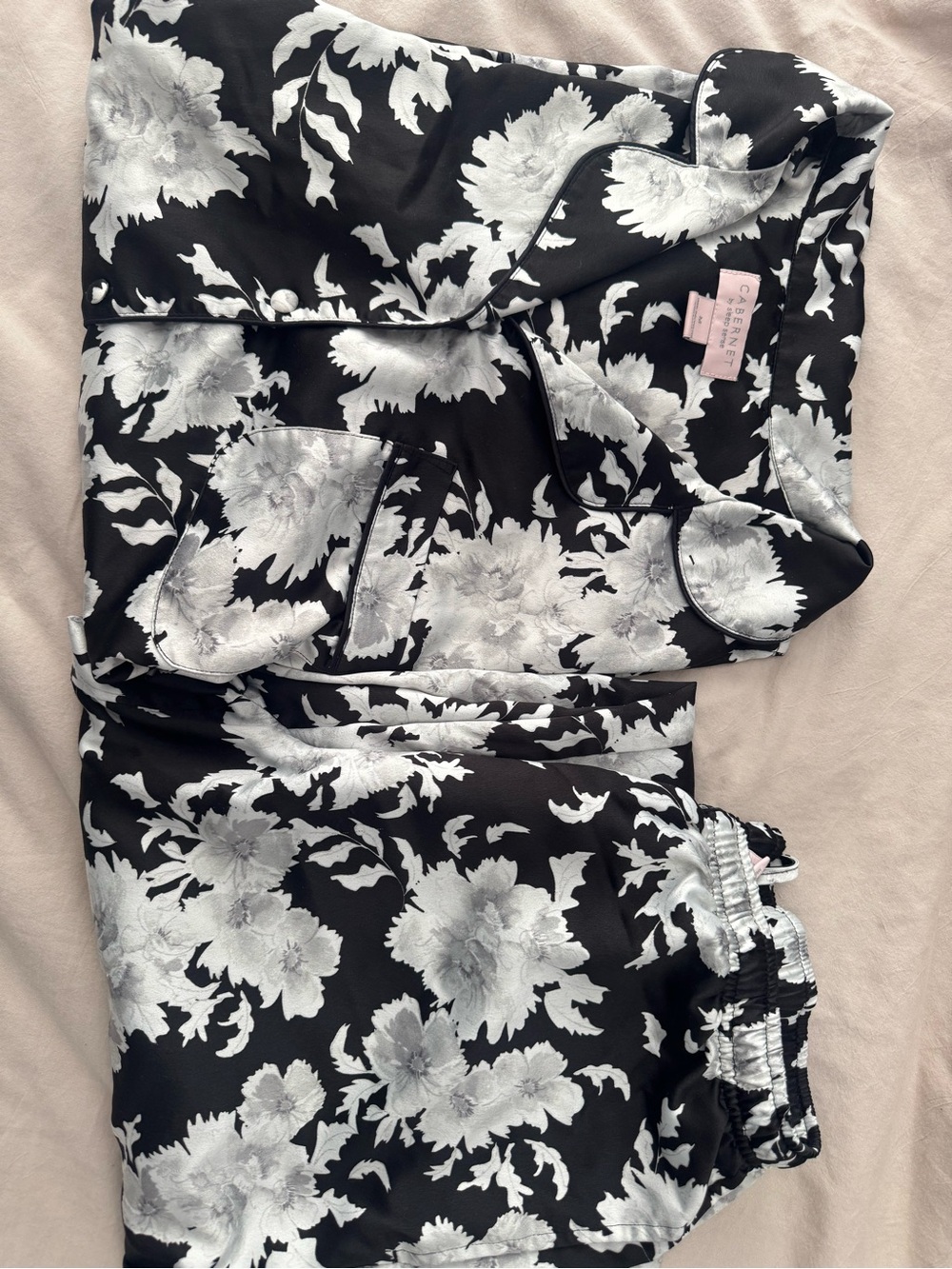 Cabernet Black and White Floral Satin Pajama Set